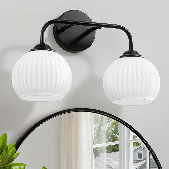 RUIYEY Bathroom Vanity Light Fixtures: 2-Light Black Bathroom Lighting Fixtures Over Mirror with Milky White Frosted Glass Shade, Farmhouse Modern Wall Light for Bathroom