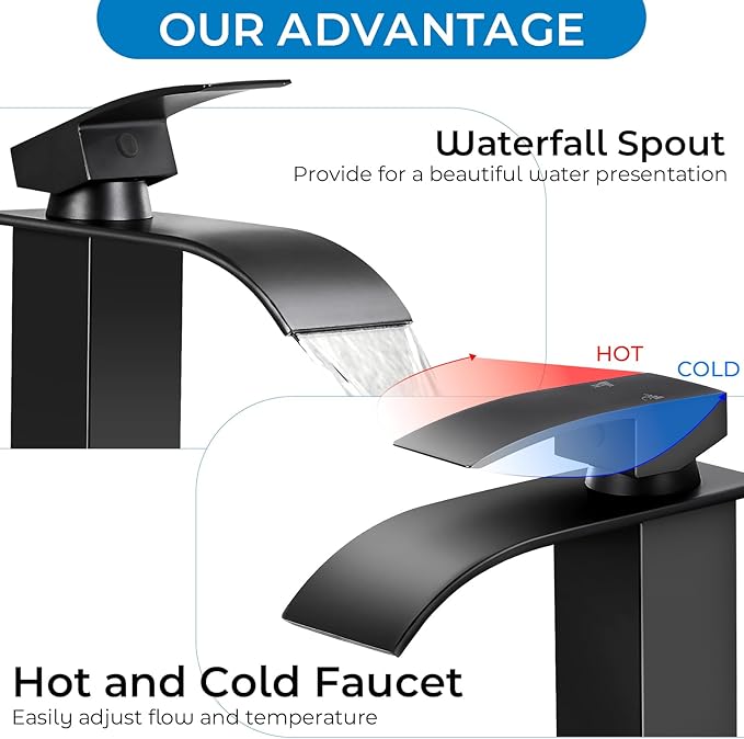 Matte Black Bathroom Faucets, Waterfall Bathroom Sink Faucet Modern Single Handle Bathroom Faucte 1 or 3 Hole, RV Mixer Tap Vanity Faucet - Includes Supply Hoses Deck Plate