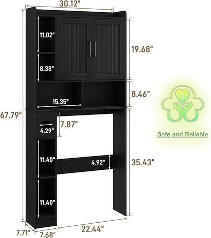 Vabches Farmhouse Over The Toilet Storage Cabinet with Barn Door, Black | Storage Cabinet Over Toilet, Home Space-Saving Toilet Rack, for Bathroom, Restroom, Laundry