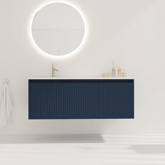 SSLine Modern 48" Floating Bathroom Vanity with Sink Wall Mounted Bathroom Vanity with Top Basin & Storage Cabinet Navy Blue Wood Hanging Vanity w/Drop-Shaped Resin Sink for Small Space