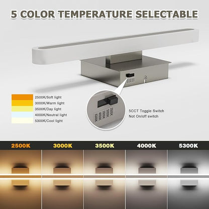 Modern Brushed Nickel Vanity Light for Bathroom 5CCT Dimmable LED Light Bar | 15.7 Inch 16W Hardwired Mirror Light, Adjustable Brightness, Modern Bathroom Lighting