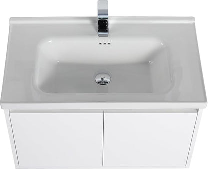 Blossom 32 Inch Wall Mounted Bathroom Vanity with Sink | Floating Wood Vanity Cabinet | Modern Soft-Close Doors & Storage | Ceramic Basin | Space-Saving Design (Glossy White, 32'' Ceramic Sink)