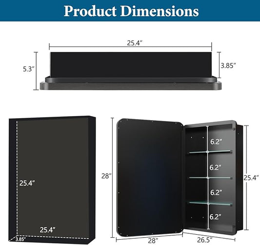 28’’x28’’ Medicine Cabinet,Metal Framed Medicine Cabinet Mirror with Round Corner,Recessed and Surface Mount Bathroom Mirror with Storage, Removeable Shelves,Dark Gray Frame