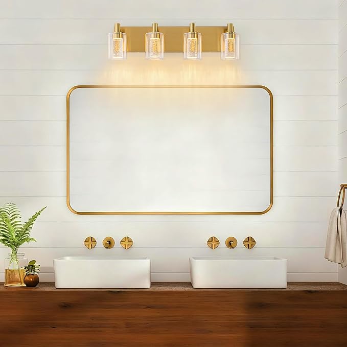 SineRise Vanity Light with 3 Color Modes (3000K/4000K/6000K), Eye Protection LED Bathroom Light Fixture, Dimmable Modern Wall Light Over Mirror with Clear Glass Shade (Gold, 4-Light)