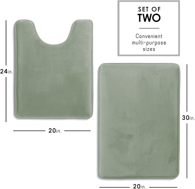 Clara Clark 2 Piece Bathroom Rugs, Velvet Memory Foam Bath Mat Set, Non-Slip Bath Rugs, Machine Wash, Dries Quickly, Ultra Soft Plush Bath Mats for Bathroom, 17 x 24 + Contour, Ice Green