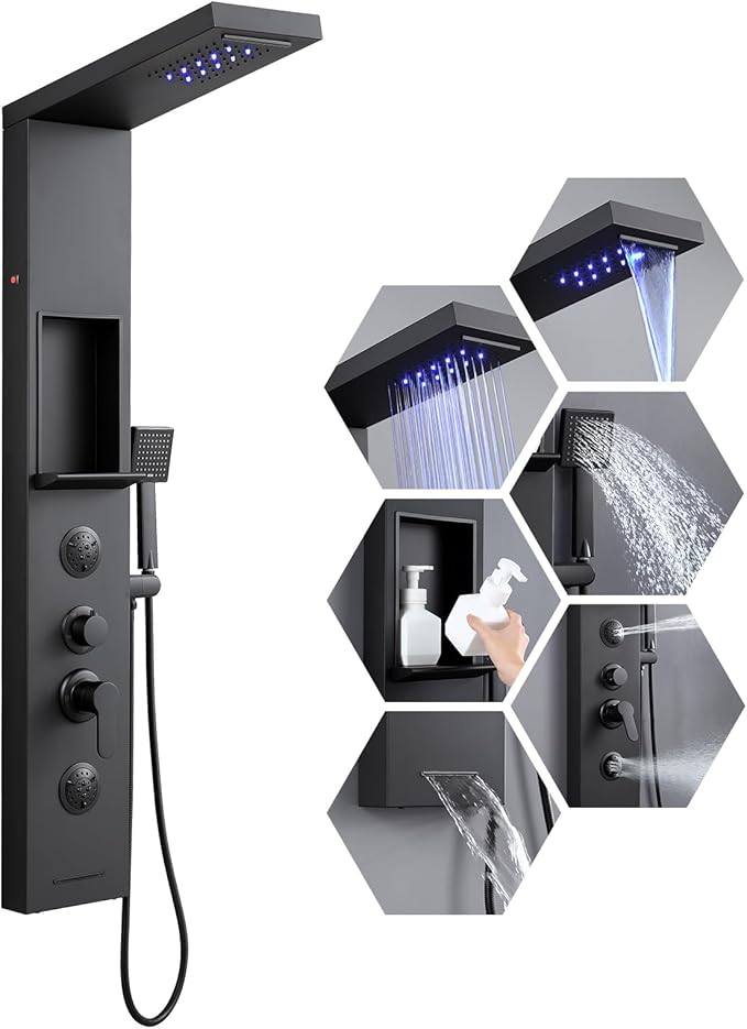 ROVATE Matte Black LED Rainfall Waterfall Shower Panel Tower System with Shelf - Powerful Stainless Steel Shower Column with Mist and Massage Body Jets, Handheld, Waterfall Tub Spout