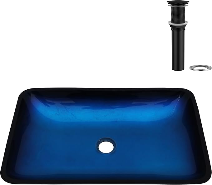 Logmey 22" Glass Bathroom Vessel Sink Vanity Countertop Rectangular Bowl with Black Pop up Drain Set,Glass Art Basin,Blue
