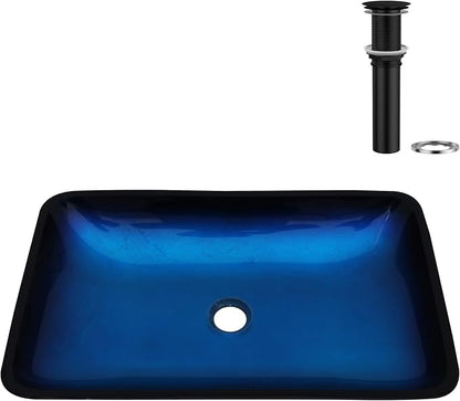 Logmey 22" Glass Bathroom Vessel Sink Vanity Countertop Rectangular Bowl with Black Pop up Drain Set,Glass Art Basin,Blue