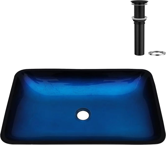 Logmey 22" Glass Bathroom Vessel Sink Vanity Countertop Rectangular Bowl with Black Pop up Drain Set,Glass Art Basin,Blue