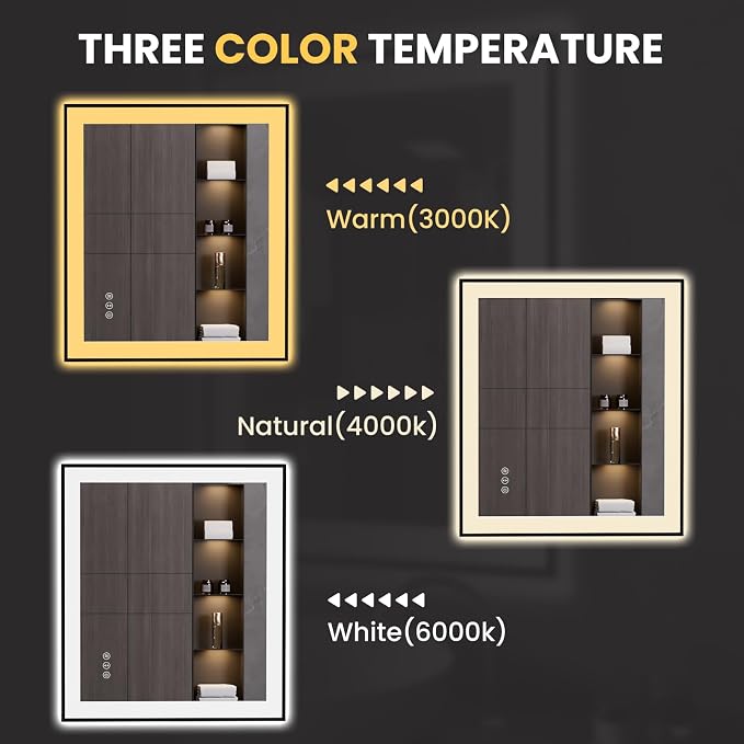 LOAAO 28"X32" LED Bathroom Mirror Black Framed | Anti-Fog, Dimmable, Memory Function, Tempered Glass, Lighted Vanity Mirror for Wall