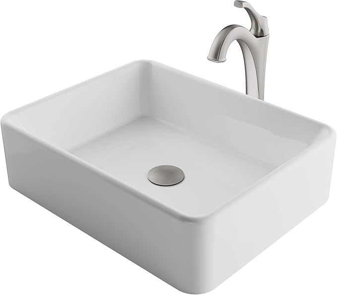 KRAUS Elavo 19-inch Modern Rectangular White Porcelain Ceramic Bathroom Vessel Sink and Spot Free Arlo Faucet Combo Set with Pop-Up Drain, Stainless Brushed Nickel C-KCV-121-1200SFS