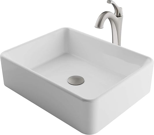 KRAUS Elavo 19-inch Modern Rectangular White Porcelain Ceramic Bathroom Vessel Sink and Spot Free Arlo Faucet Combo Set with Pop-Up Drain, Stainless Brushed Nickel C-KCV-121-1200SFS