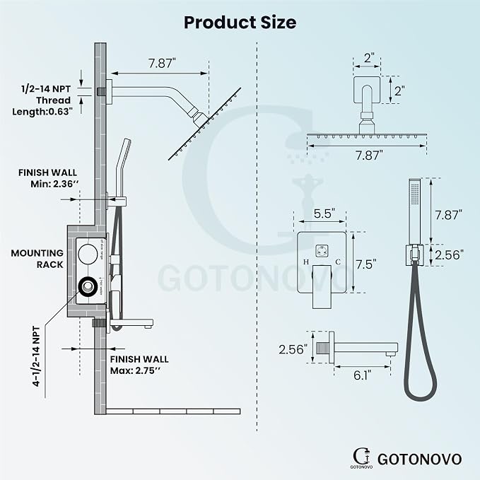 gotonovo Bathtub Shower Faucet Set, 8 Inch Shower Head, Matte Black | Wall Mounted Shower System with Tub Spout for Bathroom, Square High Pressure Rain Shower head with Handheld Spray, All Metal
