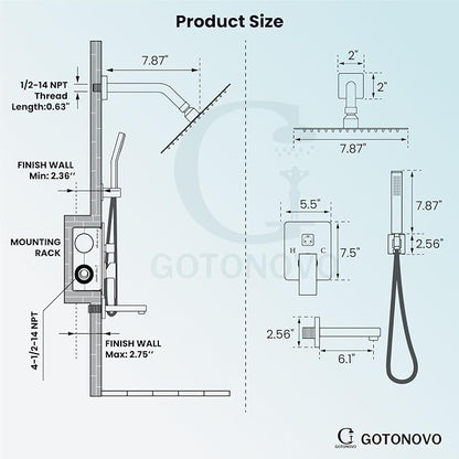 gotonovo Bathtub Shower Faucet Set, 8 Inch Shower Head, Matte Black | Wall Mounted Shower System with Tub Spout for Bathroom, Square High Pressure Rain Shower head with Handheld Spray, All Metal