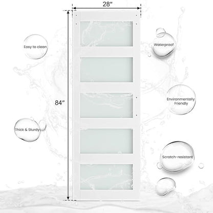 SMARTSTANDARD 28 x 84 in Glass Barn Door with 5FT Sliding Hardware Kit | Pre-Drilled Ready to Assemble, Waterproof PVC Coating, White, 5-Panel Glass