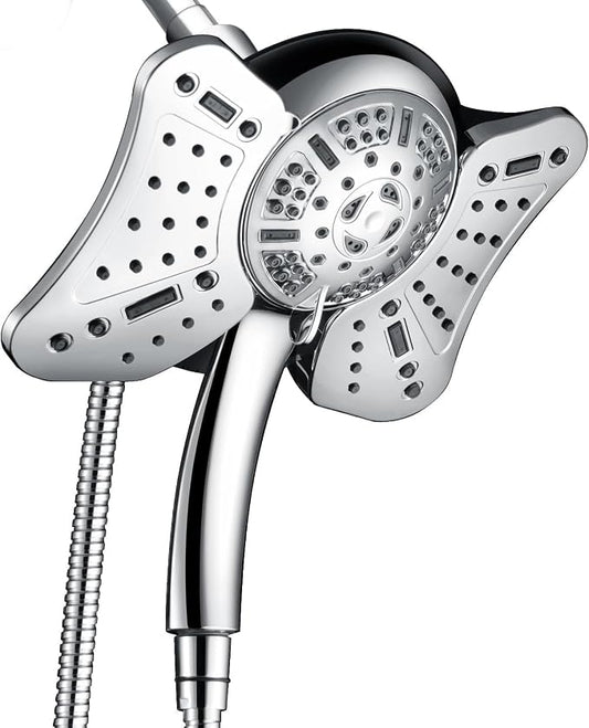 GRICH Shower Head with Handheld Spray - Dual High Pressure Showerhead | Rainfall Shower Heads Combo, Detachable Hand Shower, 9 Spray Settings, 60" Stainless Steel Shower Hose, 1.8GPM, Chrome