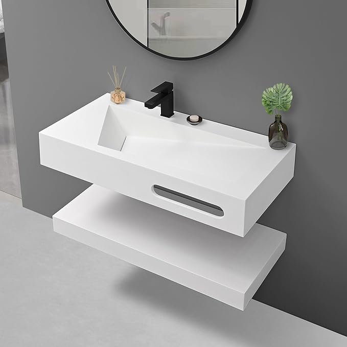 QJ&XY Resin Bathroom Sink 36" Wall Mounted V-Shaped White Basin with Towel Rack, Floating Vanity Sink in Soft-Touch Finish (Double Tier)