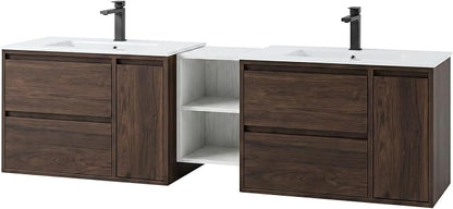 72 Inch Modern Floating Double Sink Bathroom Vanity, Wall-Mounted with Seamless Ceramic Top, Rounded Corners, Full-Extension Soft-Close Drawers & Concealed Drainage, White