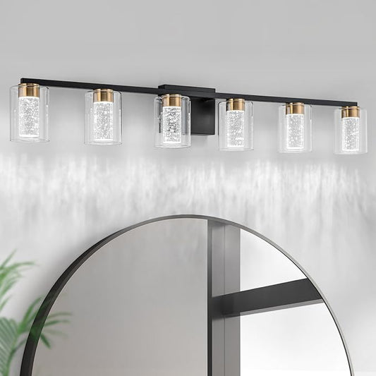 SineRise 6-Light Black and Gold Vanity Light with 3 Color Modes (3000K/4000K/6000K), Eye Protection LED Bathroom Light Fixture, Dimmable Modern Wall Light Over Mirror with Clear Glass Shade