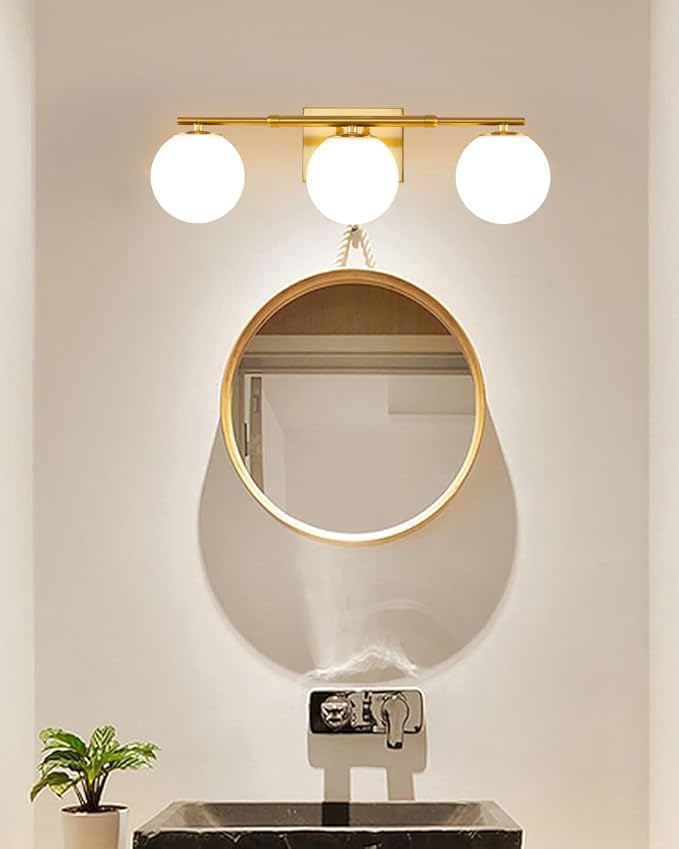 Bathroom Vanity Light Brushed Brass 3T Wall Sconce for Mirror | Modern fixture Globe Glass Shade brightness, elivers even brightness. Sturdy metal resists rust. Dresser Bathroom over Mirror