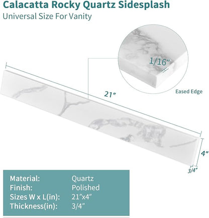 21 Inch Sidesplash in Calacatta Rocky, Quartz Stone Side Splash For Bathroom Vanity Top, Universal Size Bathroom Sink Sidesplash