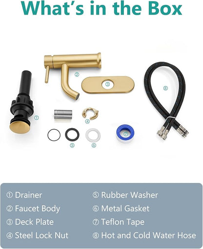 Aolemi Bathroom Faucet Single Hole,Single Handle Bathroom Sink Faucet with Supply Lines,with Pop Up Drain Assembly and Deck Plate,Brushed Gold