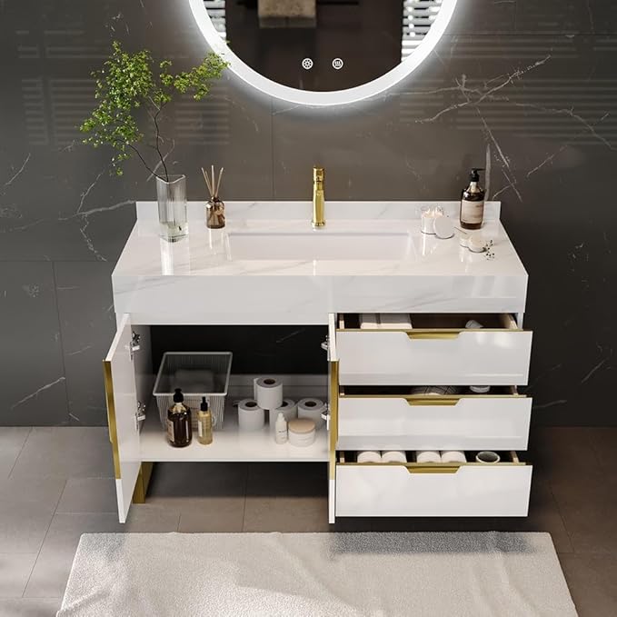 Bathroom Vanity with Sink, Modern Bathroom Vanity with Faux Marble Top, Gold Hardware & Soft-Close Drawers for Bathroom Storage (35.4 Inch, White, Single Sink & Freestanding)