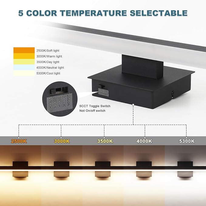 Joossnwell Vanity Light for Bathroom Lighting Fixtures Over Mirror 23.62 Inch Dimmable 5CCT Modern Vanity Lights Black Bathroom Light Bar Bath Wall Sconce ETL Certificated