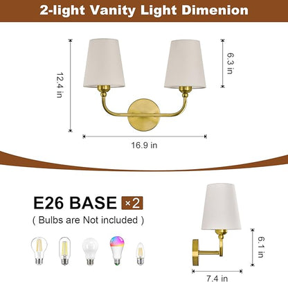 Bathroom Vanity Light, Brushed Gold Bathroom Light Fixtures, 2-Light Lighting Fixtures Over Mirror, Modern Wall Sconce with Flared White Fabric Shade, E26 Socket(ETL Listed)