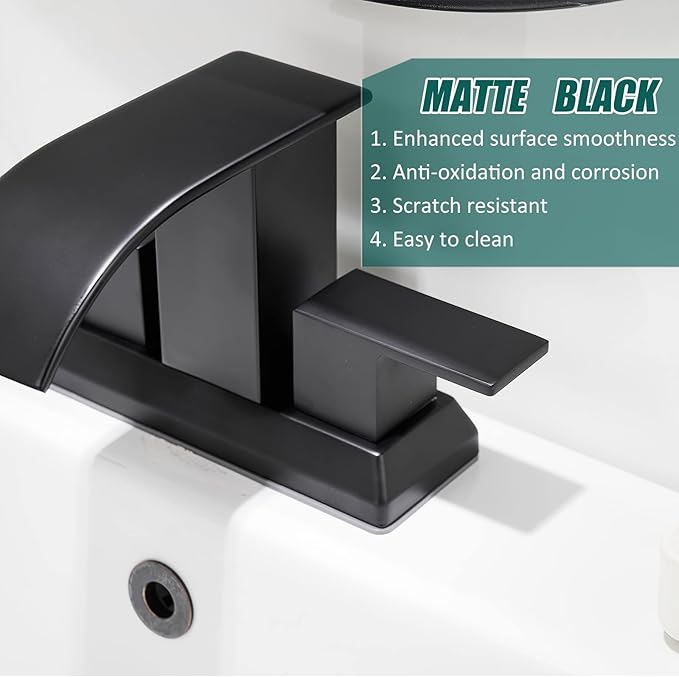 Hoimpro 3 Holes 4 Inch Bathroom Faucet,4" Centerset Vanity Waterfall Bathroom Sink Faucet 2 Hole Two Handles cUPC Supply Hoses Pop Up Drain Matte Black