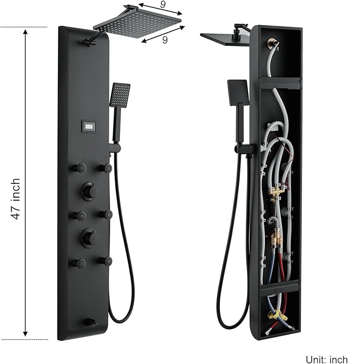 MENATT Stainless Steel Shower Panel Tower System with Height Adjustable Rainfall Shower Head, 4 in 1 Shower Panels with 6 Body Jets, Handheld Shower, Tub Spout, Brushed