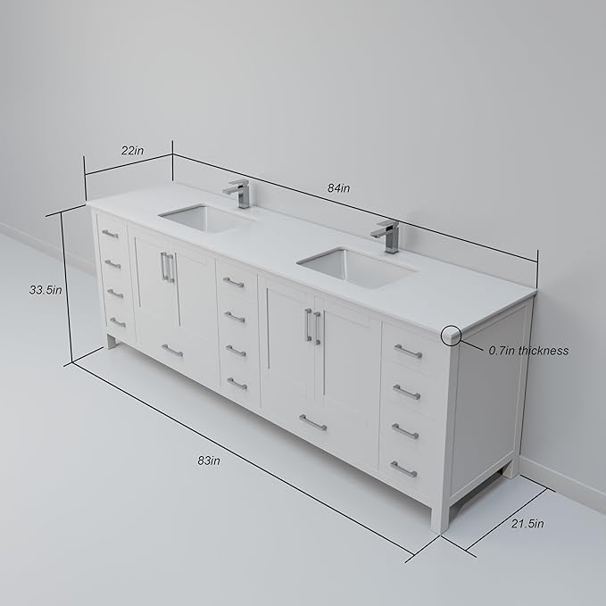 Jacques 84 in. W x 22 in. D White Double Bath Vanity and White Quartz Top