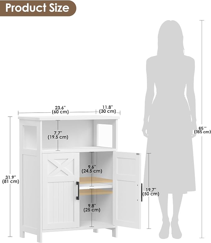 Akxomel Farmhouse Bathroom Storage Cabinet Open Shelf 2 Doors White | 11.8" D x 23.6" W Small Bathroom Cabinet with Adjustable Shelf, Toilet Paper Cabinet for Kitchen, Living Room, Laundry Room