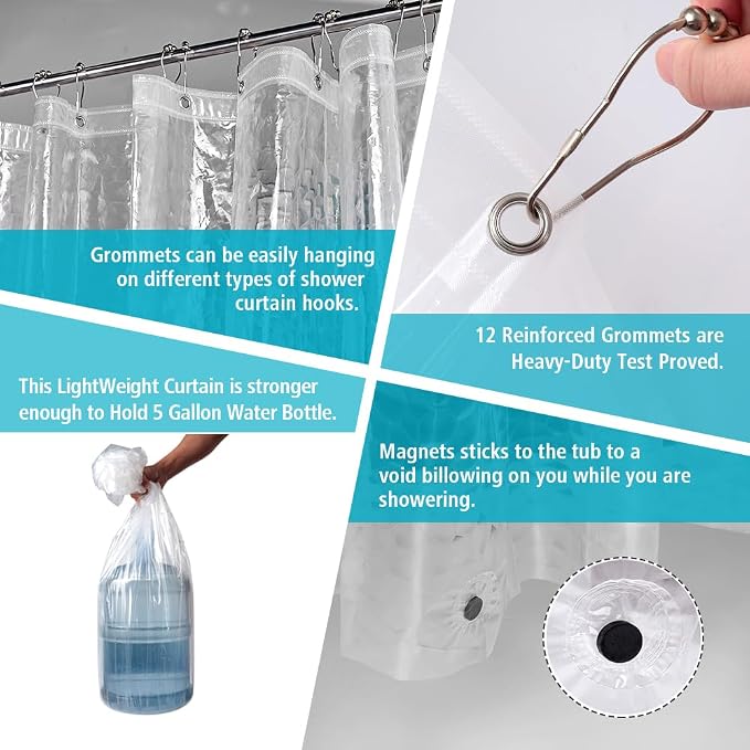 Ga-Geetopia Thin 3D EVA Shower Curtain Liner Water Cube, 72x72 Premium Light Weight Clear Plastic Bathroom Shower Curtain with Rustproof Metal Grommets 3 Magnets for Shower Stall, Bathtubs(No Hooks)