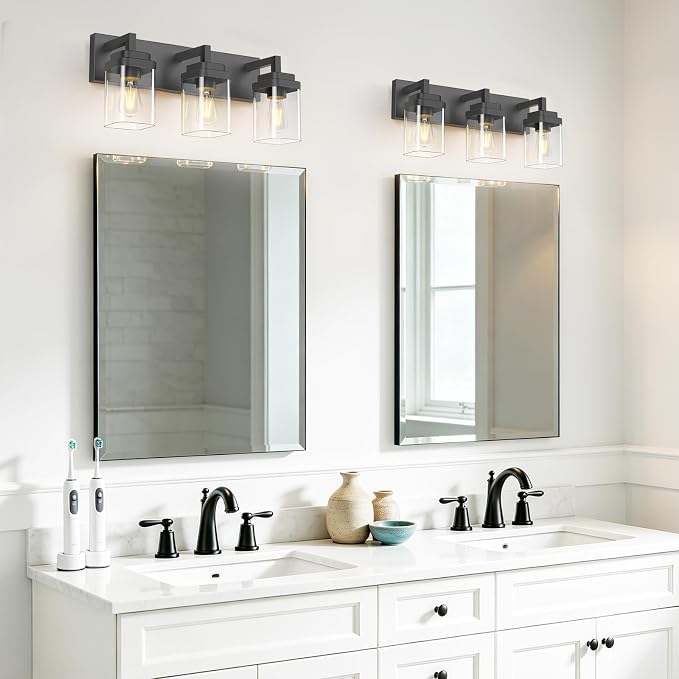 Matte Black Bathroom Light Fixtures, Modern Vanity Lights with Clear Glass Lamp Shade, Bathroom Lighting Fixtures Over Mirror, Restroom Vanity Lighting Fixture, 3-Light 22 Inch