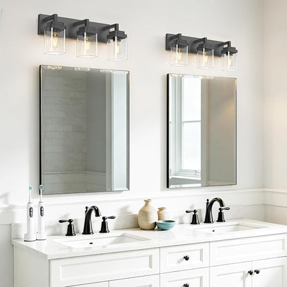Matte Black Bathroom Light Fixtures, Modern Vanity Lights with Clear Glass Lamp Shade, Bathroom Lighting Fixtures Over Mirror, Restroom Vanity Lighting Fixture, 3-Light 22 Inch