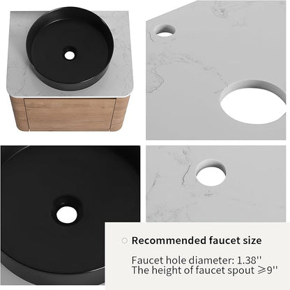 LKTART 24 Inch Floating Bathroom Vanity with Sink, Modern Wall Mounted Bathroom with Soft Close Door, Black Round Ceramic Basin and Sintered Stone Top