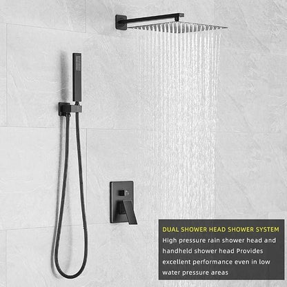 Matte Black Shower System 10 Inches Bathroom Luxury Rain Shower Head with Handheld Combo Set Wall Mounted High Pressure Rainfall Shower Head System Shower Faucet with Valve and Trim Kit
