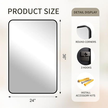 FICTOR Bathroom Mirror for Over Sink, 24"x36" Vanity Mirror for Wall, Black | Shatterproof Tempered Glass, Anti-Rust Frame, Vertical/Horizontal Mounting, Wall Mirror for Bedroom, Living Room, Entryway
