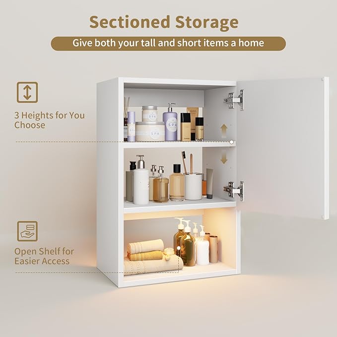Wall Mounted Storage Cabinets with Lights, Over-The-Toilet Storage Vanity, Bathroom Medicine Organizer Adjustable Shelves Cabinet for Small Spaces (White)
