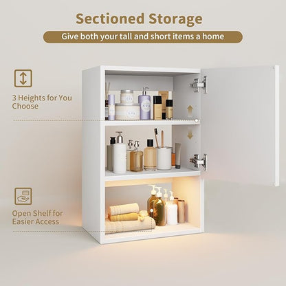 Wall Mounted Storage Cabinets with Lights, Over-The-Toilet Storage Vanity, Bathroom Medicine Organizer Adjustable Shelves Cabinet for Small Spaces (White)