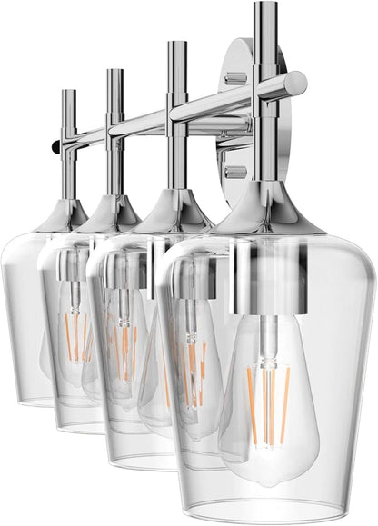 Ralbay Chrome Bathroom Vanity Light - 4 Light Industrial Farmhouse Style, Clear Glass, Over Mirror