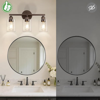 3-Light Bathroom Vanity Light Fixture, Modern Wall Lamp for Mirror with Clear Glass Shade (D-Clear Glass & Brown)
