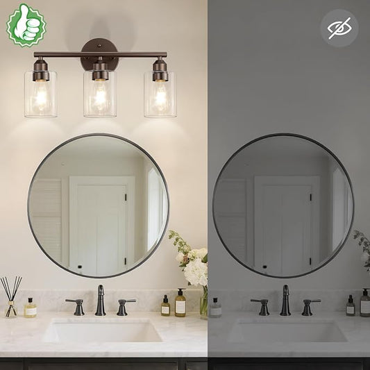 3-Light Bathroom Vanity Light Fixture, Modern Wall Lamp for Mirror with Clear Glass Shade (D-Clear Glass & Brown)