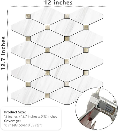 STICKGOO 1 Sheet Peel and Stick Dolomite Mosaic Tile, White Marble Look PVC Mixed Metal Gold Kitchen Backsplash for Fireplace, RV