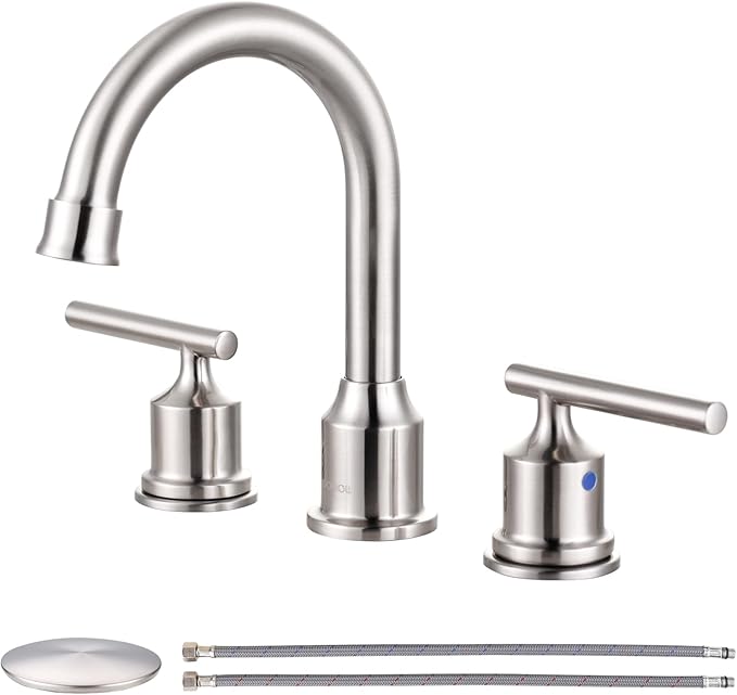WOWOW Widespread Bathroom Faucet Brushed Nickel Bathroom Sink Faucet 8 inch Vanity Tap 2 Handle 3 Holes Deck Mount Taps with Drain