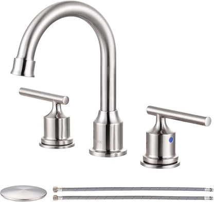 WOWOW Widespread Bathroom Faucet Brushed Nickel Bathroom Sink Faucet 8 inch Vanity Tap 2 Handle 3 Holes Deck Mount Taps with Drain