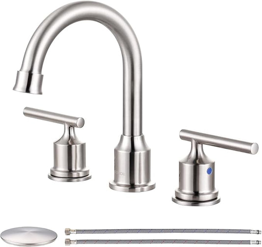 WOWOW Widespread Bathroom Faucet Brushed Nickel Bathroom Sink Faucet 8 inch Vanity Tap 2 Handle 3 Holes Deck Mount Taps with Drain