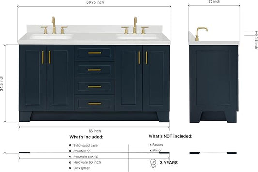 DKB Emilia 66-Inch Midnight Blue Double Bathroom Vanity with Rectangular Sinks, 1.5-Inch Carrara Quartz Countertop & Backsplash, 4 Soft Closing Doors, 6 Dovetail Drawers, Toe Kick, Satin Brass