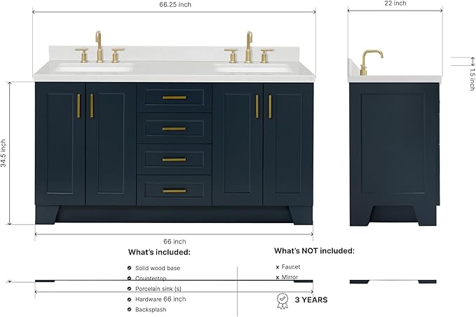 ARIEL Taylor 66-inch Bathroom Vanity with Sink,Solid Wood, 1.5-inch Carrara White Quartz Countertop, Double Rectangular Porcelain Sink, 4 Soft Closing Doors, 5 Dovetail Drawers, Midnight Blue
